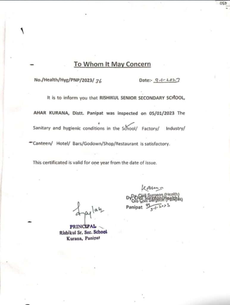 Water Health Sanitation Certificate RISHIKUL SR SEC SCHOOL Water Health Sanitation Certificate RISHIKUL SR SEC SCHOOL